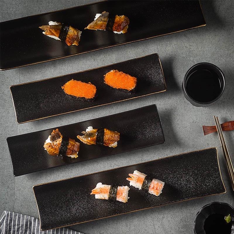 Đĩa sứ sushi Men nhám đen Viền vàng , đĩa sứ dài kiểu Nhật