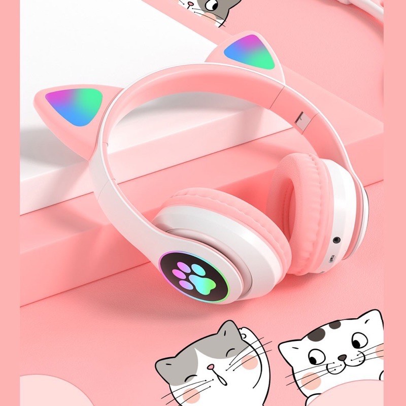 Tai nghe Bluetooth tai mèo đáng yêu có mic đàm thoại cao cấp, tai nghe mèo có đèn phát sáng cute tai nghe tai mèo thời trang, headphone Bluetooth đáng yêu có thể sử dụng khi chơi game