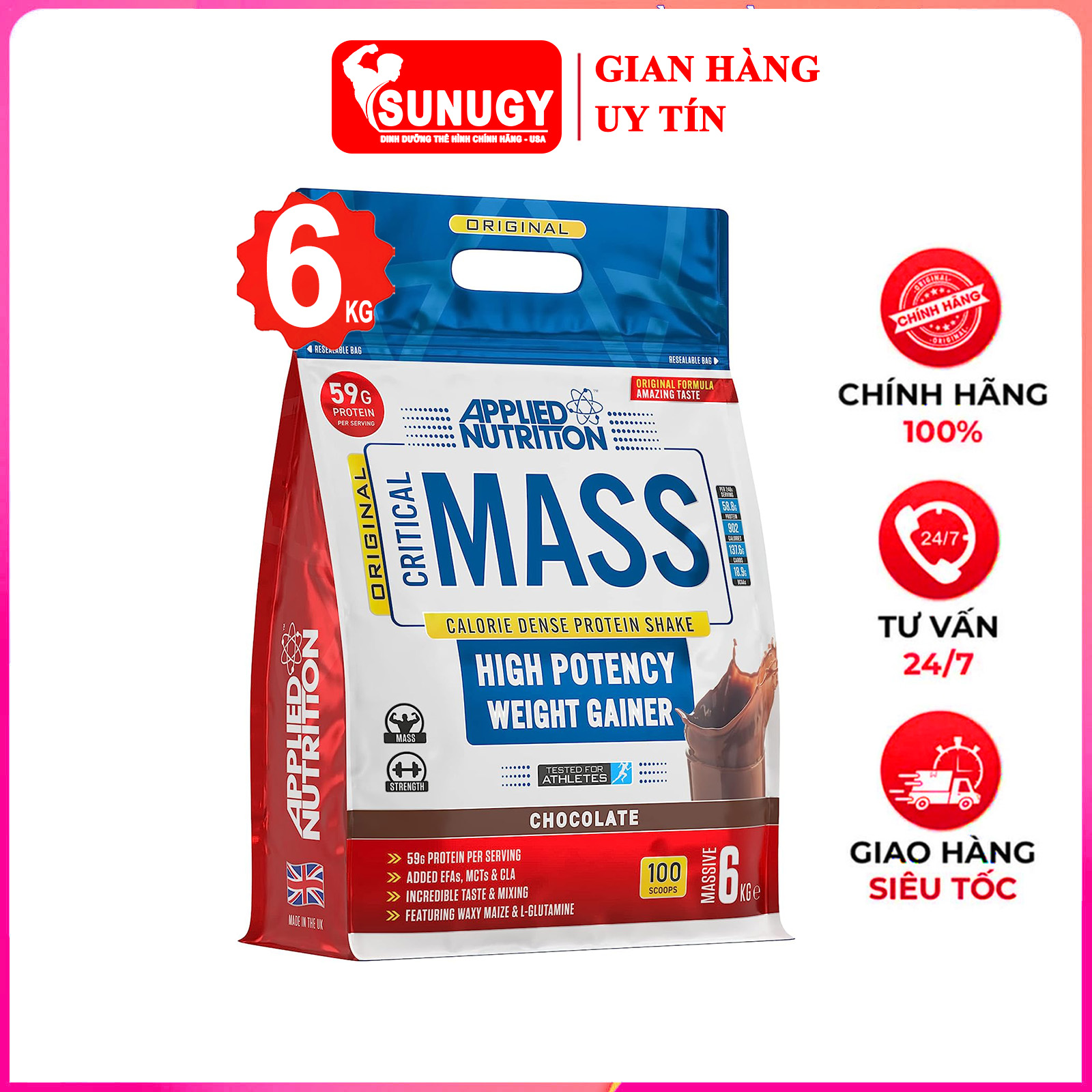 Sữa tăng cân tăng cơ nạc Original Critical Mass của Applied Nutrition bịch 6kg hỗ trợ tăng cân, tăng cơ nhanh cho người gầy