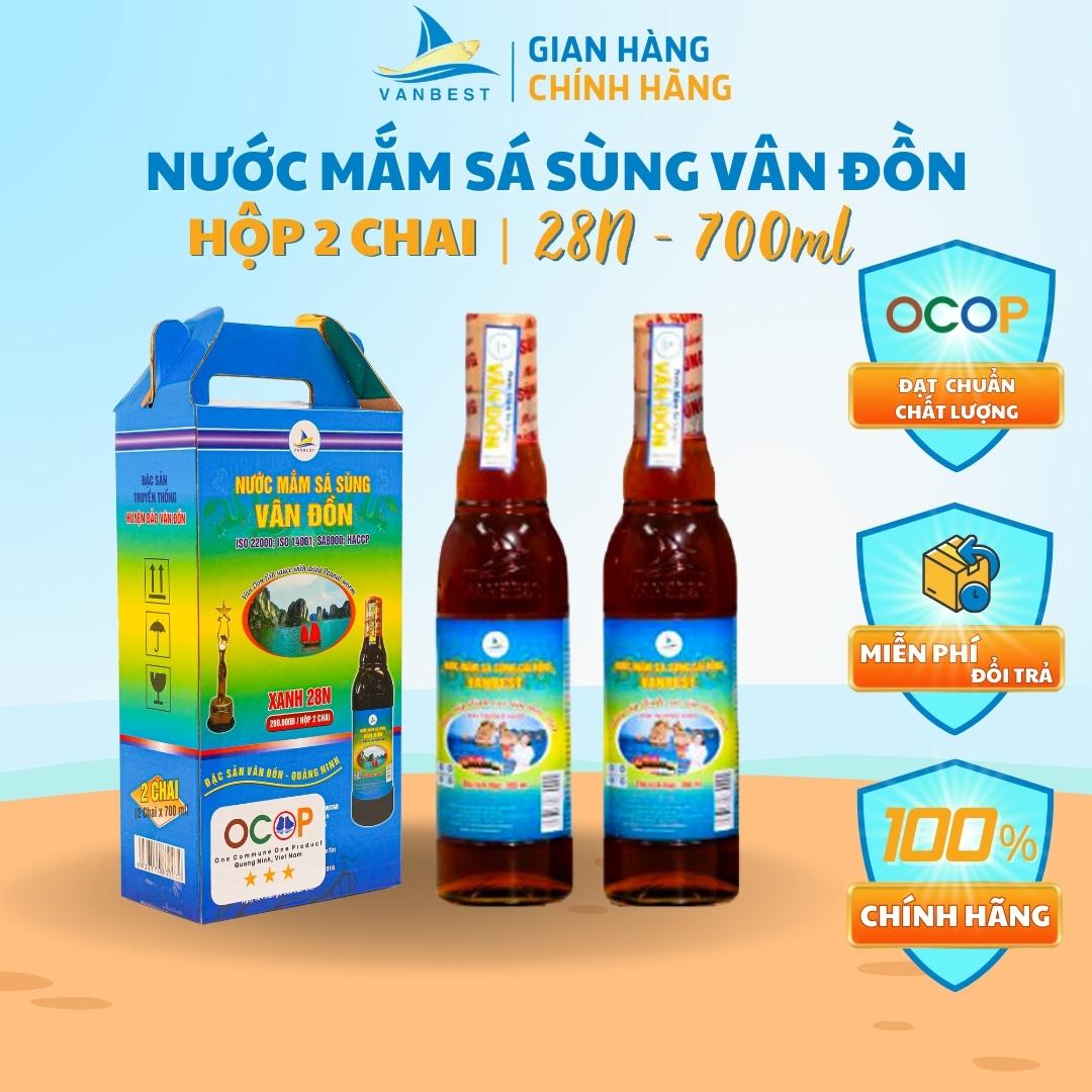 Nước mắm sá sùng Vân Đồn độ đạm 28N hộp 2 chai 700ml, nước mắm sá sùng an toàn cho sức khỏe nấu mọi món ăn Vanbest đặc sản Quảng Ninh