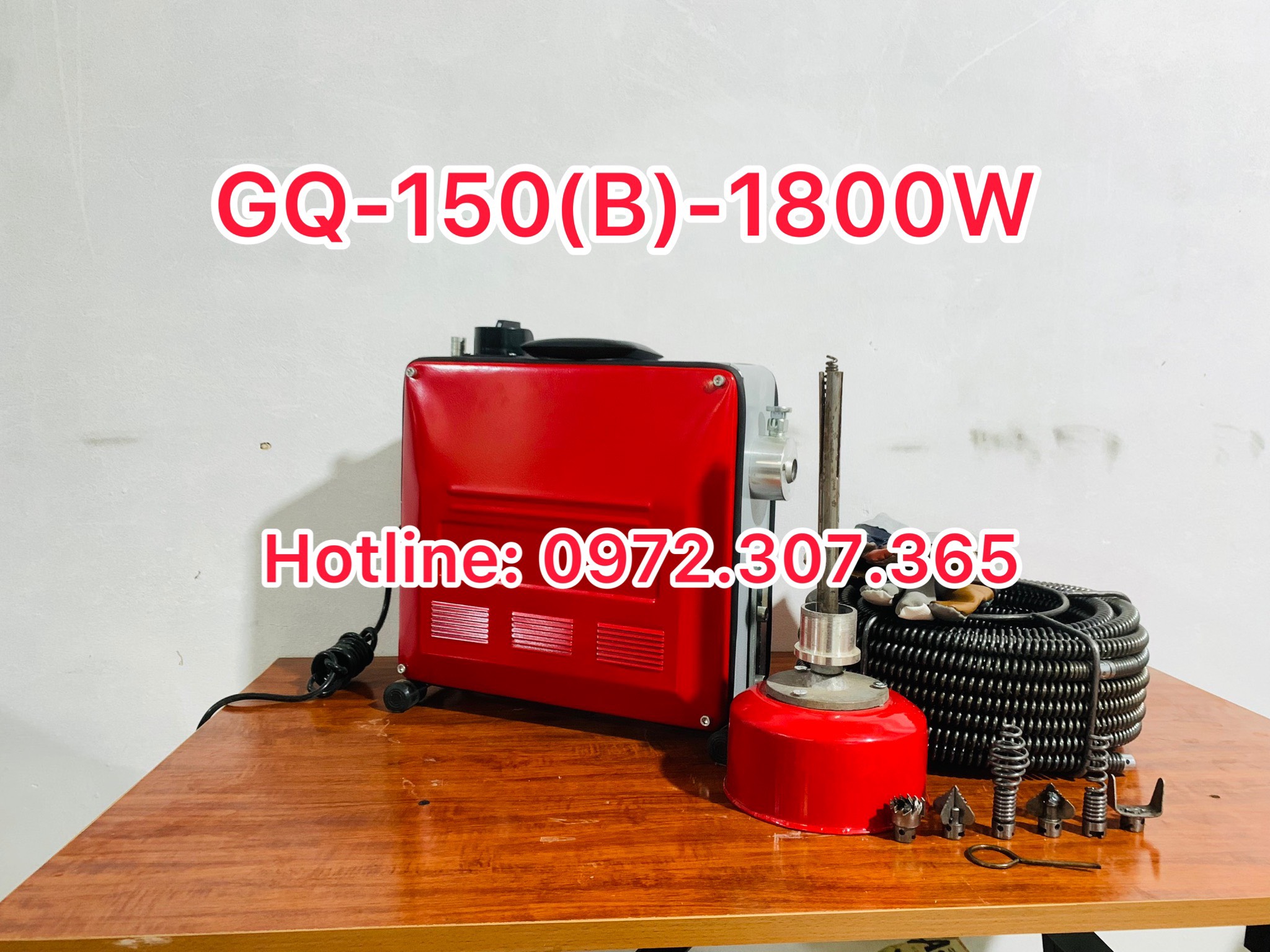 Máy thông tắc GQ-150-1800W tặng kèm cuộn dây lò xo đường kính 16mm dài 15m; dây phi 22mm dài 15m và 4,5m mét dây lò xo phi 8