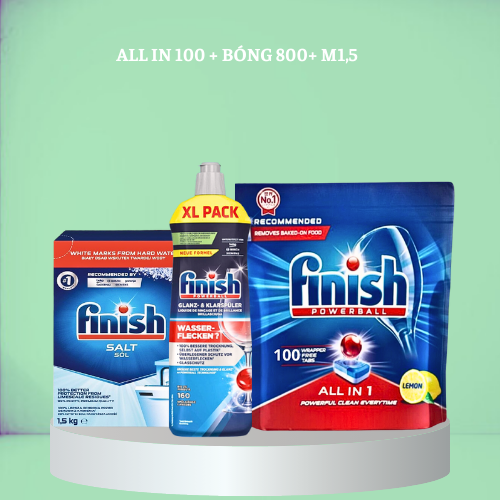 combo Viên rửa bát finish all in one 100 viên+Dung dịch Nước làm bóng finish 750ml +Muối rửa bát finish 1.5kg cho Máy rửa bát