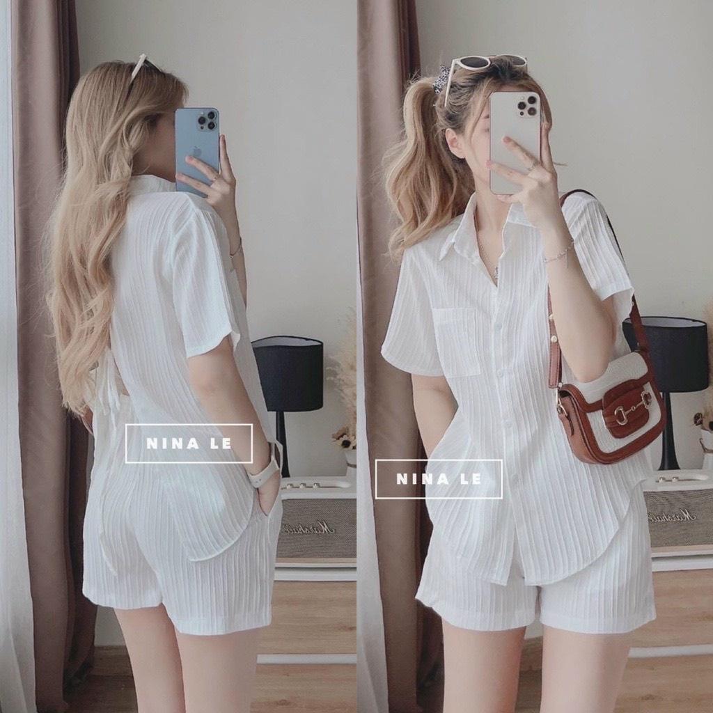 Set bộ quần áo sơ mi thiết kế phối nơ lửng chất đũi xốp xọc gân hàng đẹp hàng VNXK  A15 - Trắng