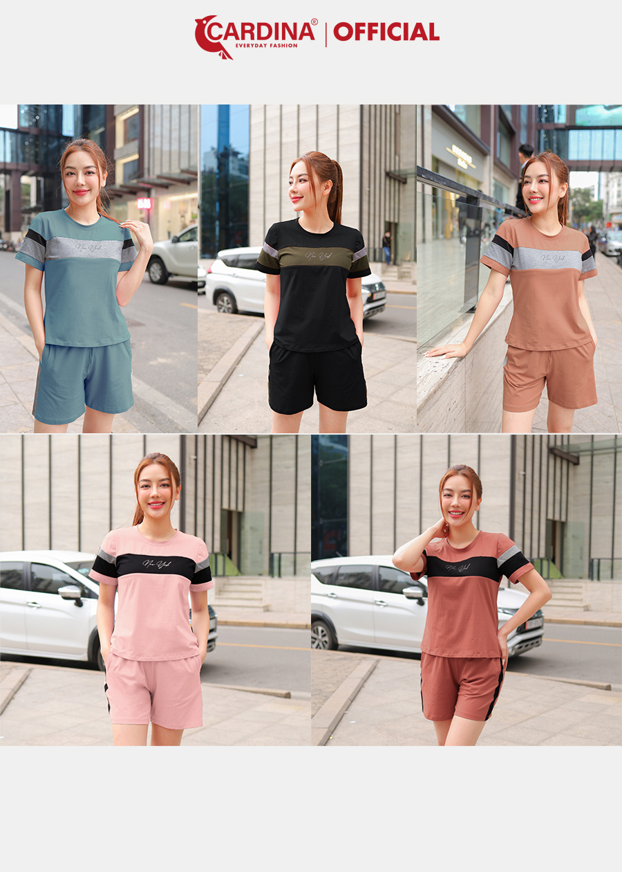 Đồ Bộ Nữ CARDINA Chất Cotton Kiểu Dáng Thể Thao Cao Cấp Bộ Mặc Nhà Quần Đùi Áo Cộc Tay Phối Màu  3CF01