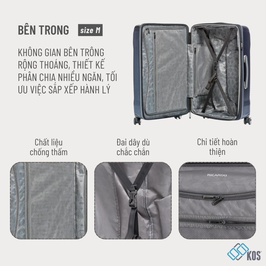 Vali du lịch size M (25 inch), Ricardo Tioga 2.0 thế hệ mới, thương hiệu Mỹ, bảo hành 5 năm quốc tế, Màu Navy