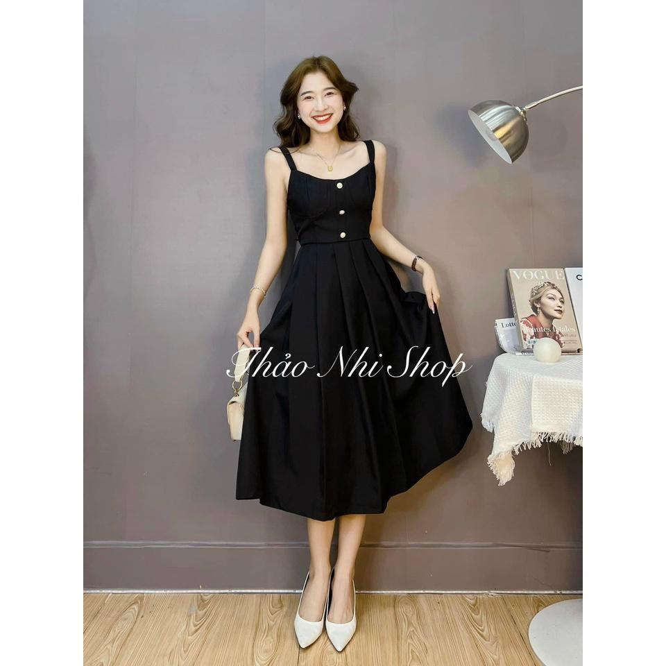 Set đầm midi đen 2 dây kèm khoác crop vest tay dài đính hạt sang chảnh thảo nhi shop