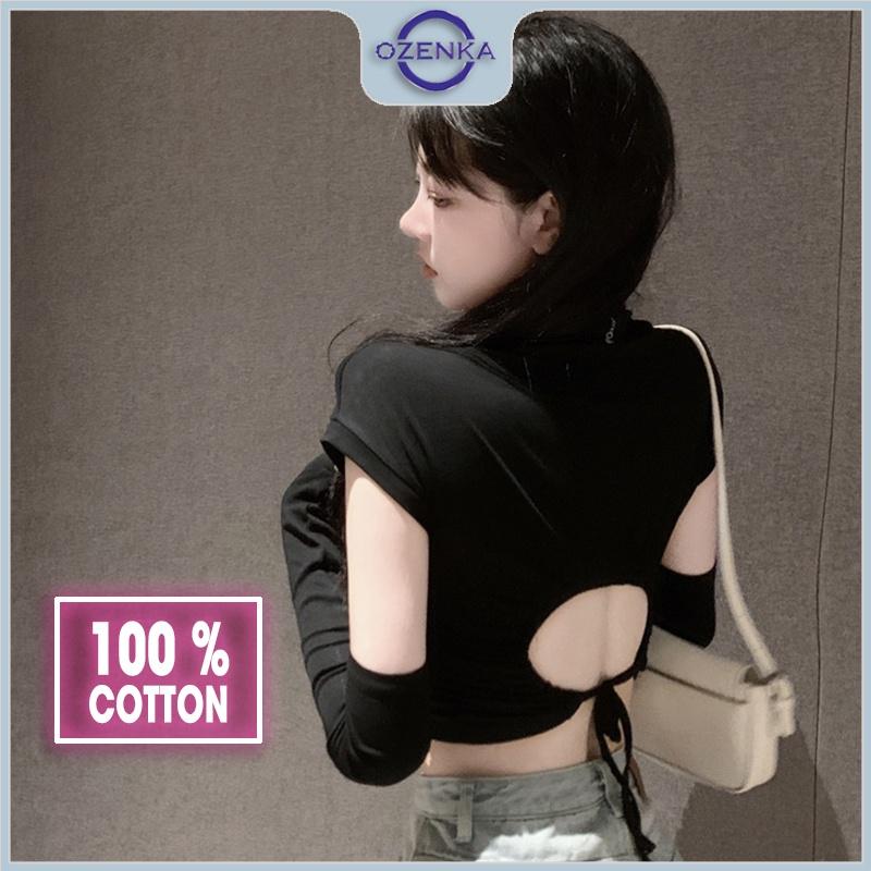 Áo croptop hở lưng cộc tay cổ lọ nữ ozenka , áo crt ôm body thun cotton màu đen trắng dưới 55 cân