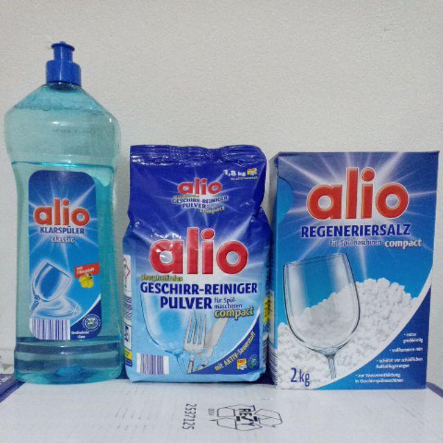 Combo bột rửa bát Alio + nước làm bóng Alio 1000 ml+ hộp muối làm mềm nước Alio 2 kg