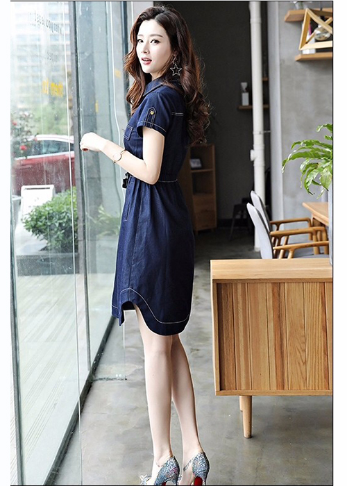 Đầm Jean Nữ Ngắn Tay Cổ Bẻ Lai Bầu
