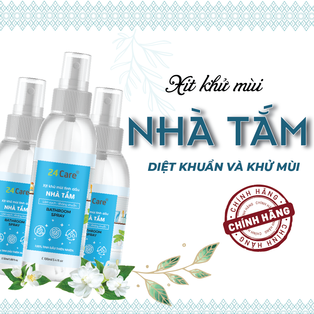 Xịt nhà tắm tinh dầu 24CARE 50m/100ml/250ml - Xịt lau chùi bồn rửa tay, kính - Khử mùi hôi sàn, không khí