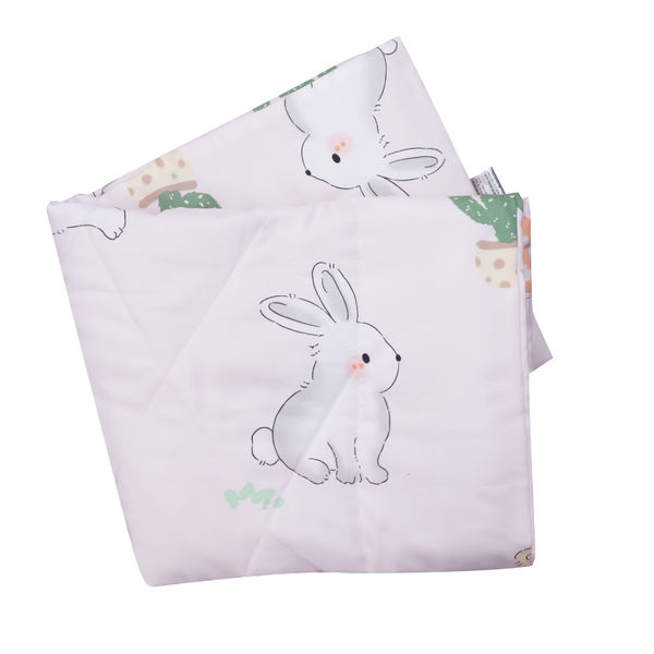 Bộ 5 món tiện lợi cho bé đi học mầm non, tiểu học NIN House hoạ tiết Rabbit Garden 70x120cm chất liệu tencel mát lạnh, màu dễ thương, 1 tấm trải chống trượt, 1 chăn, 1 ruột gối, 1 vỏ gối, 1 túi xách