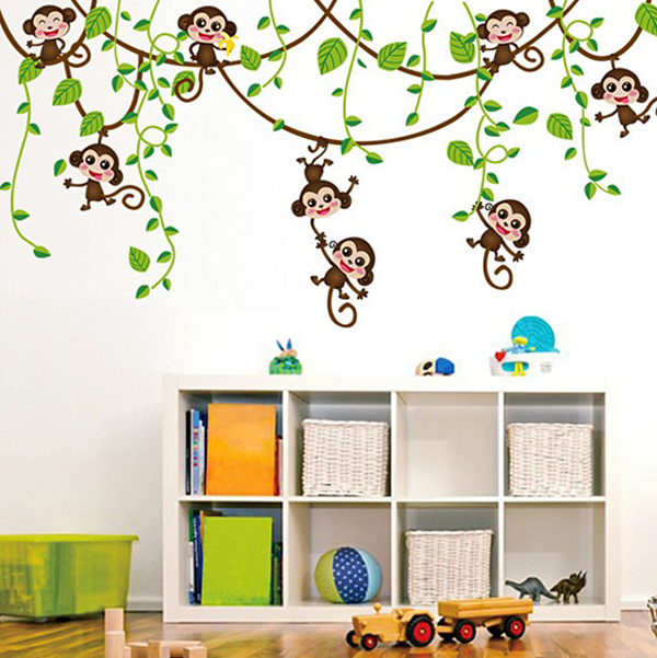 Decal Dán Tường Khỉ Con Đu Dây - 2 Bộ
