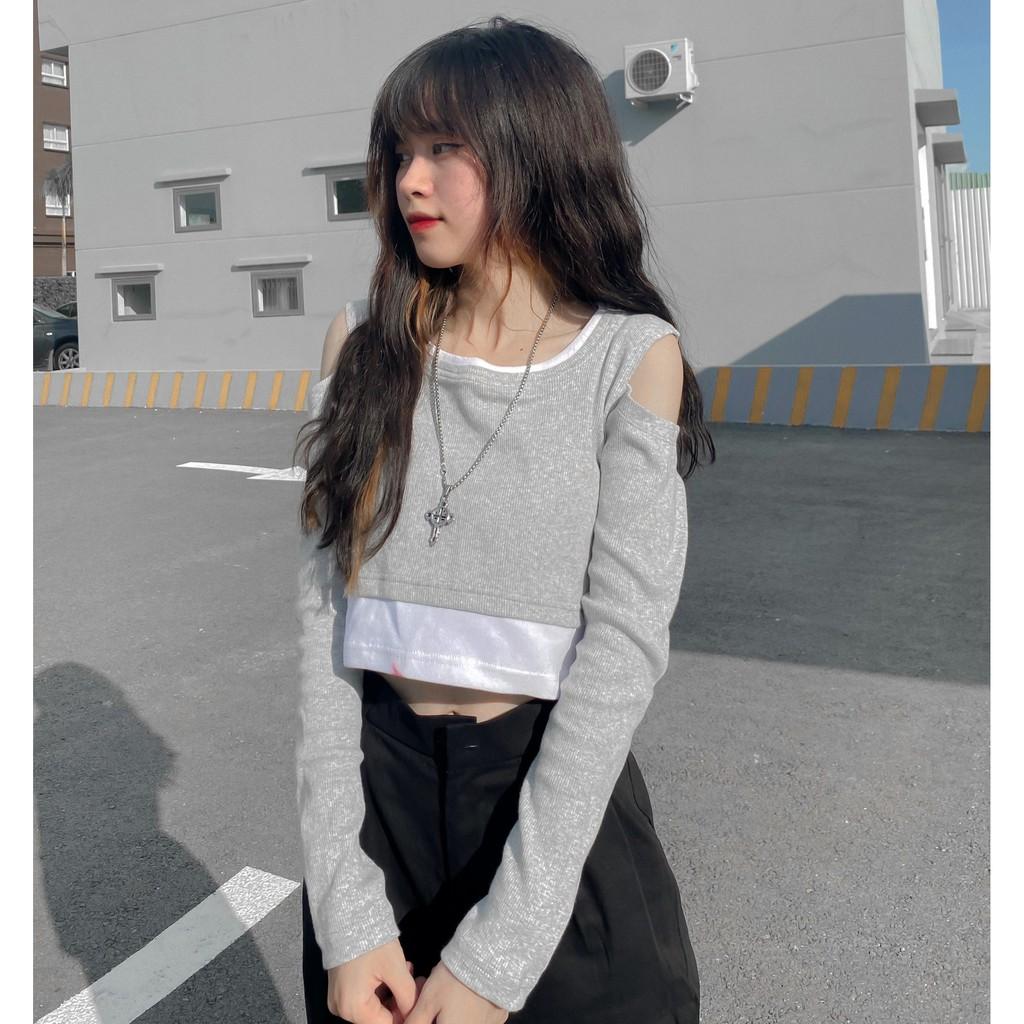 Áo Croptop Nữ Dài Tay Phối Layer Vải Thun Gân Form Ôm