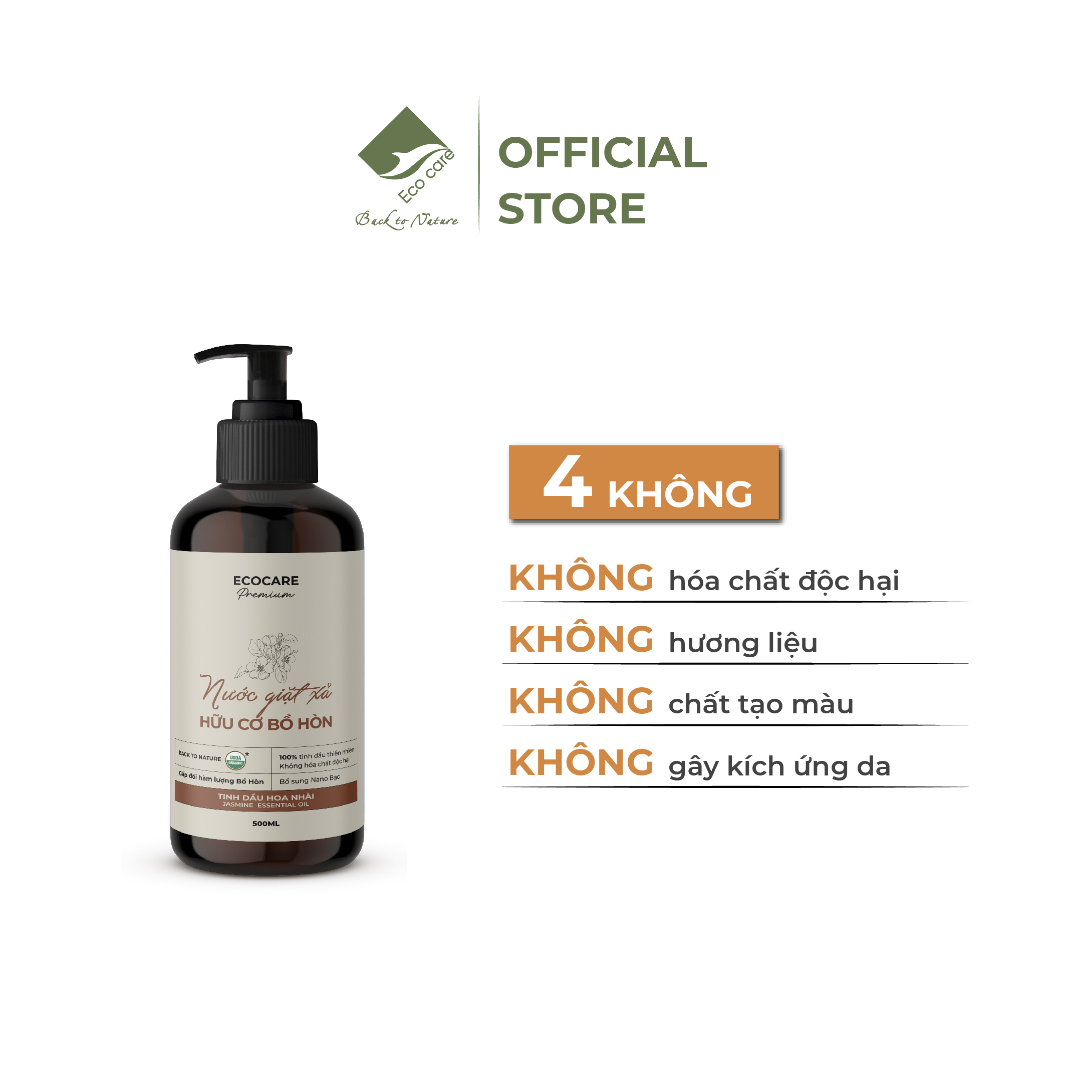 Nước Giặt Hữu Cơ An Toàn Cho Bé Sơ Sinh ECOCARE Chiết Xuất Bồ Hòn Và Tinh Dầu Hoa Nhài 500ml-2L-4L, Dịu Nhẹ Với Da Tay