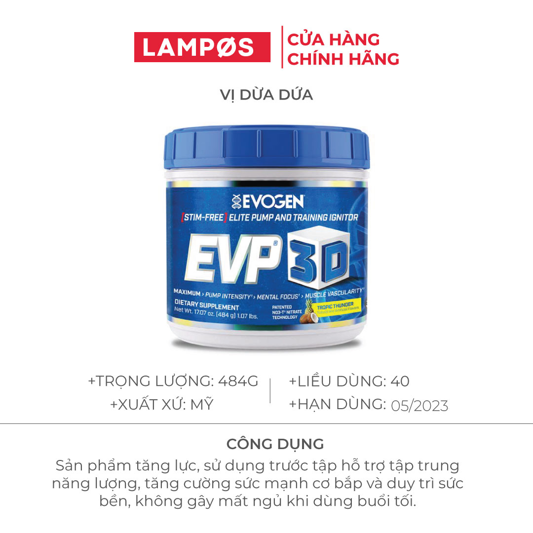 Evogen EVP-3D, Pre-Workout Hỗ Trợ Tập Trung Năng Lượng Trước Tập, Sức Mạnh &amp; Sức Bền, Không Chứa Caffeine, Hộp 40 Lần Dùng