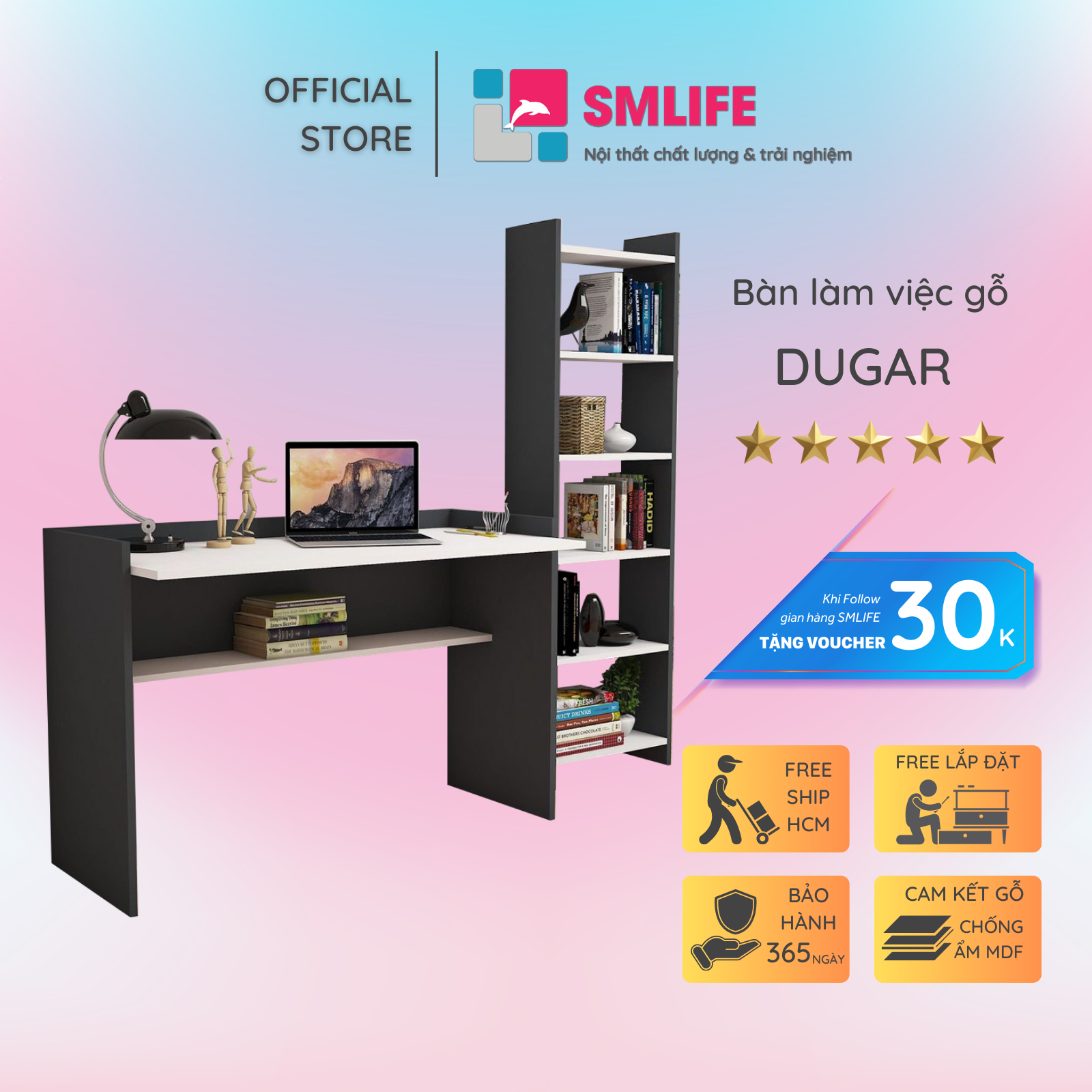 Bàn làm việc, bàn học gỗ hiện đại SMLIFE Dugar | Gỗ MDF dày 17mm chống ẩm | D100xR58xC80cm