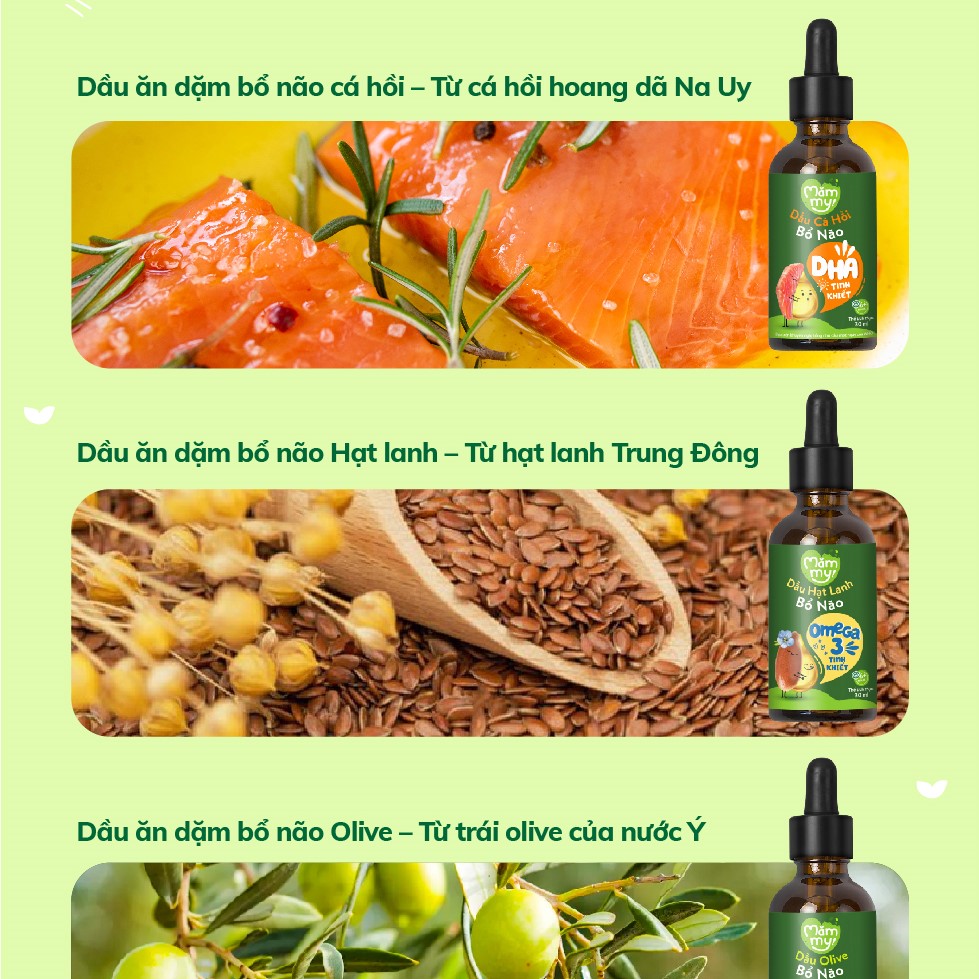 SET 3 Dầu ăn dặm bổ não cho bé Mămmy 30ml, Dầu Olive bổ não, dầu cá hồi bổ não, dầu hạt lanh bổ não - 1 chai/ 30ml