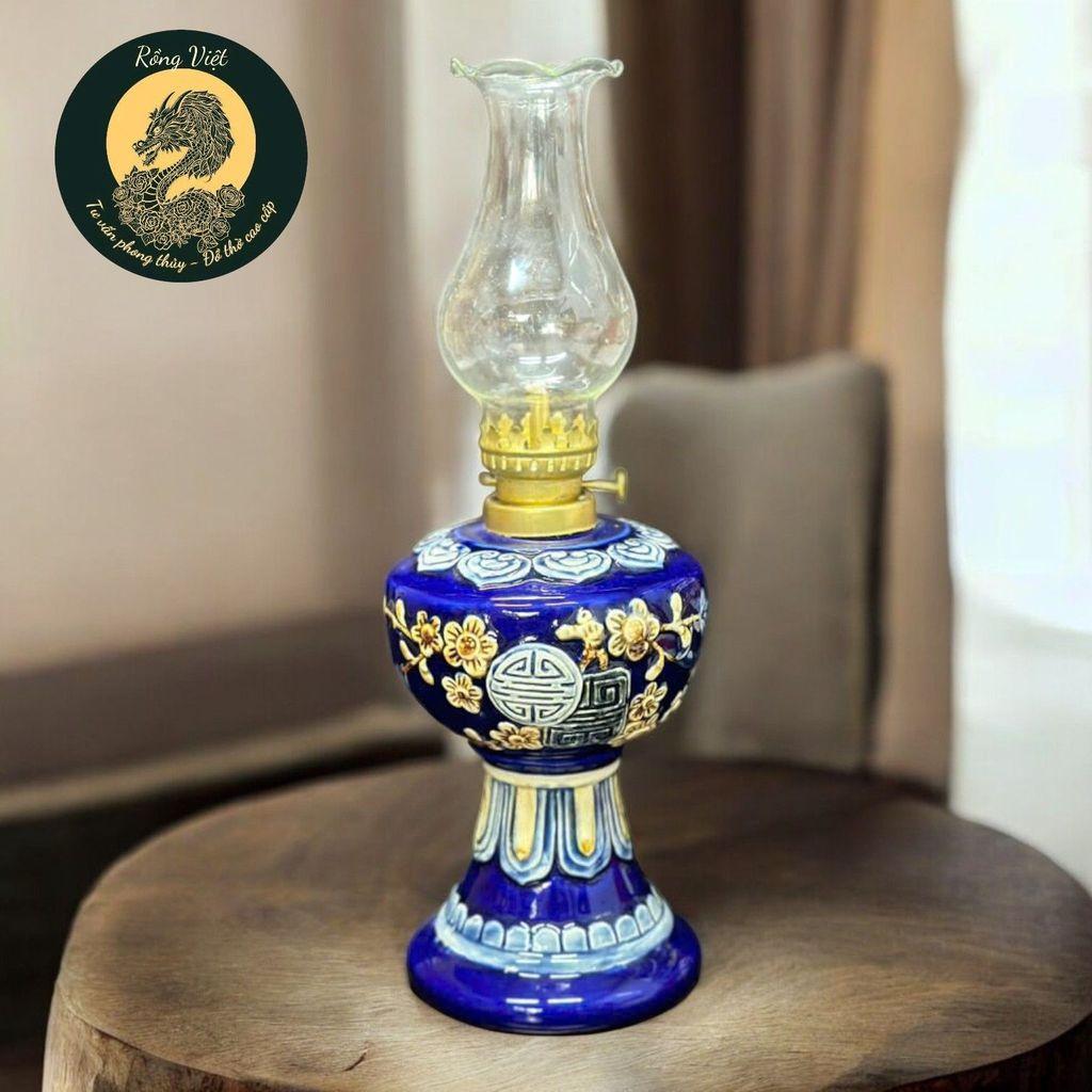 Đèn Dầu Gốm Bát Tràng Men Xanh Rồng Việt - Cao 26cm & 28cm, Đắp Nổi Đào Thọ Cao Cấp(cả bóng đèn)