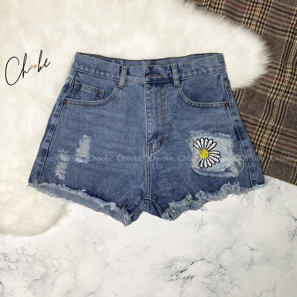 Quần short jean nữ Choobe trơn lưng cao thêu hình hoa cúc phong cách thời trang QSJ02