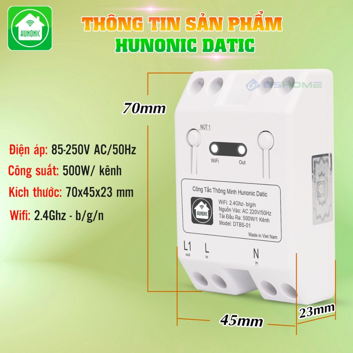 Công Tắc Thông Minh WiFi Hunonic Datic Basic 500W DTBS01, App Tiếng Việt, Điều Khiển Từ Xa Trên Điện Thoại qua WiFi/4G