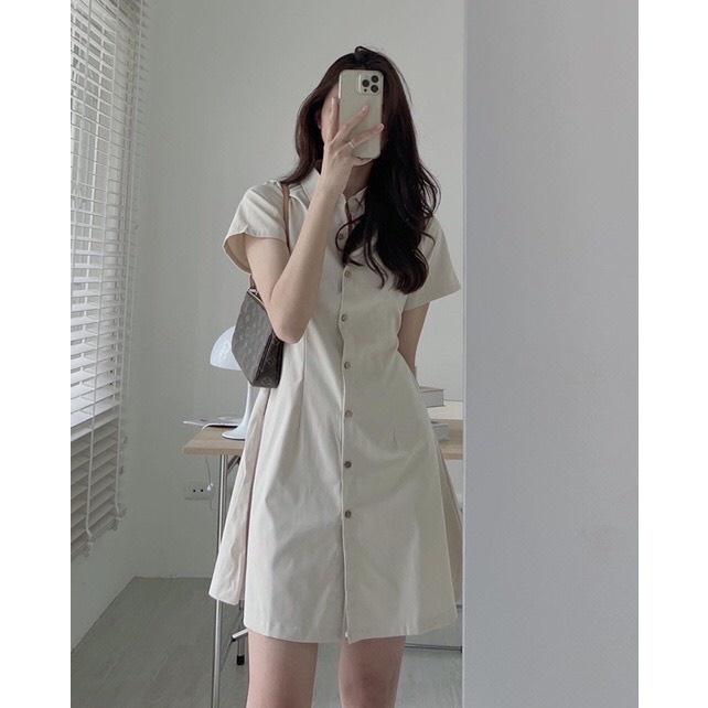 Đầm váy nữ basic cổ sơ mi cài cúc chiết lưng chun nhiều màu thời trang váy nữ cộc tay nhiều màu 5915