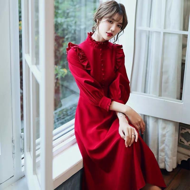Set áo đầm đôi tình nhân màu đỏ áo sơ mi đầm tiểu thư dài tay đồ cặp Hàn Quốc- đi biển, đi chơi, chụp hình cưới - Smice House
