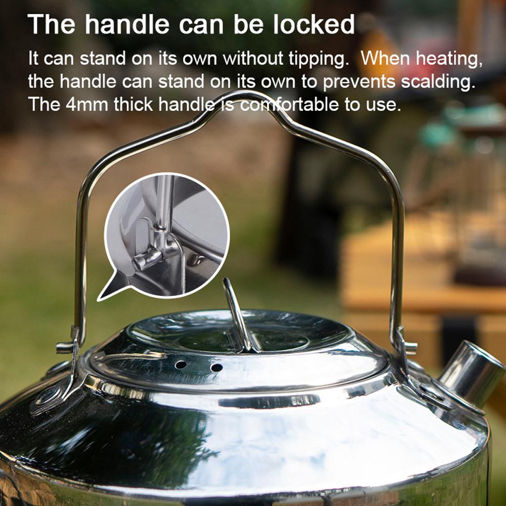 Outdoor Stainless Steel Kettle Locking Handle Camping Hung Pot Portable Coffee Pot Picnic Cooker 1L Teapot Cooking Accessory