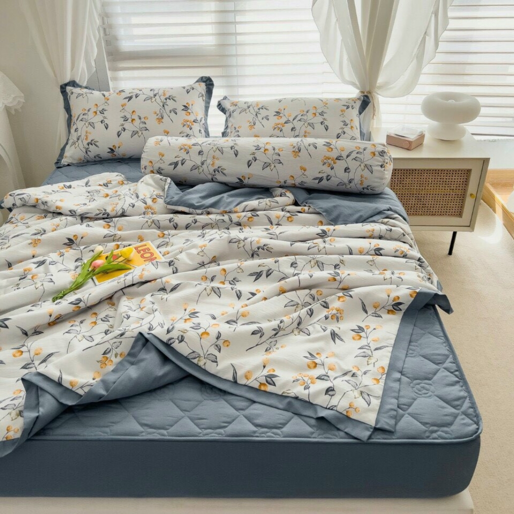 Bộ chăn ga gối cotton đũi chần bông 5 món nhập khẩu