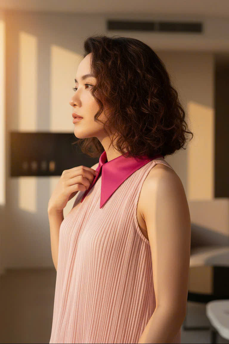 Áo Sơ Mi Vai Yếm Dập Ly, Áo Sát Nách Cổ Sơ Mi Hồng thời trang thiết kế Hity TOP246