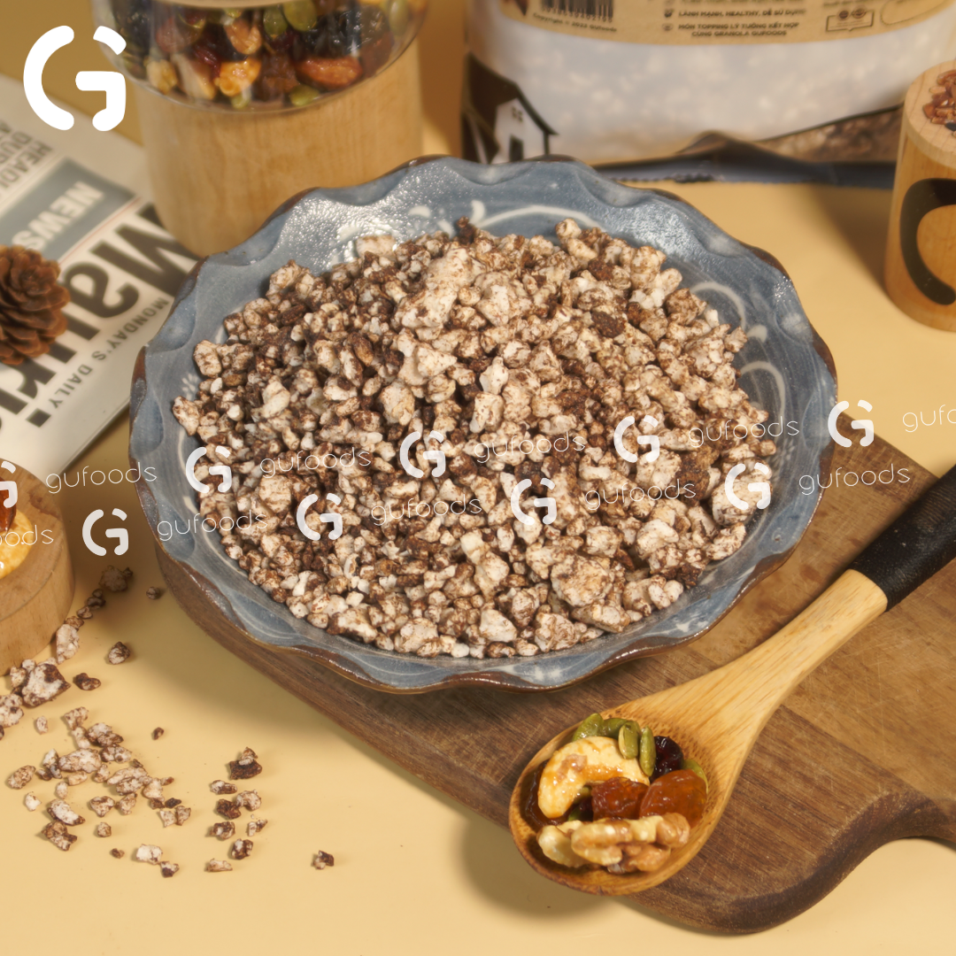 Bỏng gạo lứt giòn nướng socola GUfoods - Ăn kèm granola, Giòn xốp đậm đà, Giàu chất xơ, Thuần chay, Eat clean