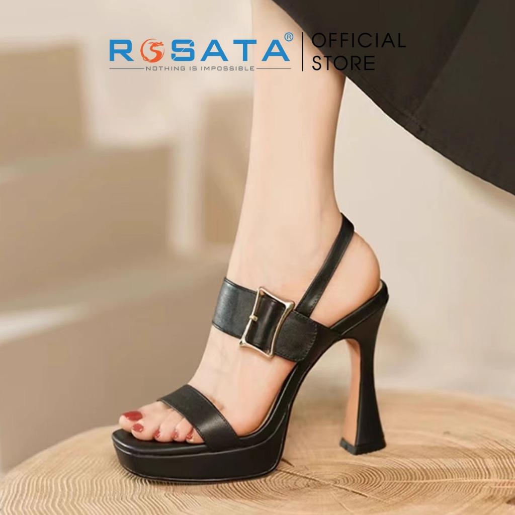 Giày sandal nữ đế cao 9 phân mũi vuông xỏ ngón quai ngang khóa cài dây mảnh ROSATA RO581 ( Bảo Hành 12 Tháng ) - ĐEN