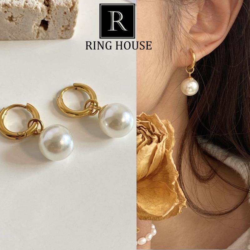 Khuyên tai nữ bông tai nữ titan không đen thả hạt trai đẹp Ring House