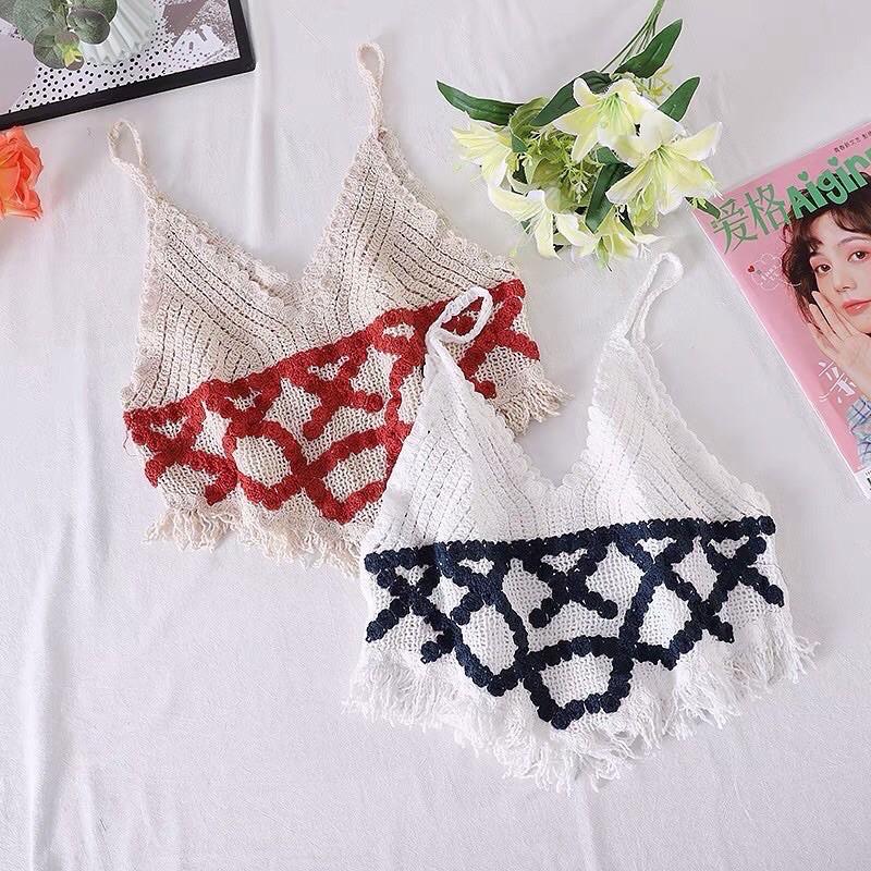 Áo 2 dây 2s len móc tua rua đi biển thêu chữ X