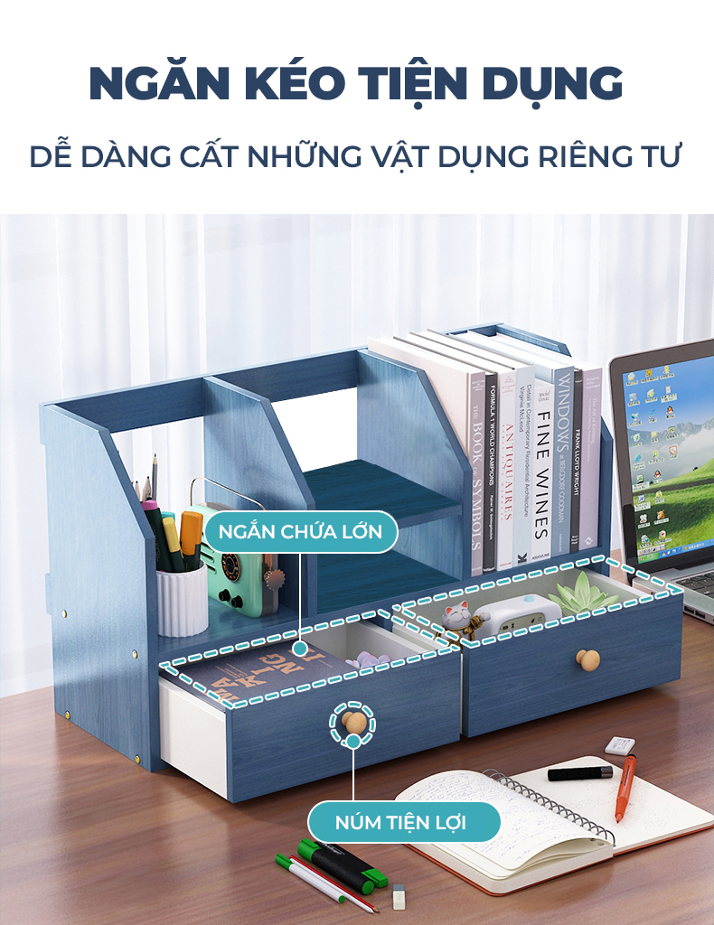 Kệ Sách Để Bàn Chữ H, Kèm 2 Ngăn Kéo Cao Cấp - Mẫu 7 - Dễ Lắp Ráp
