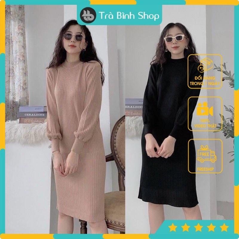 Váy dáng xuông tay bo chụ chất len tăm cổ cao đầm dài cổ tròn