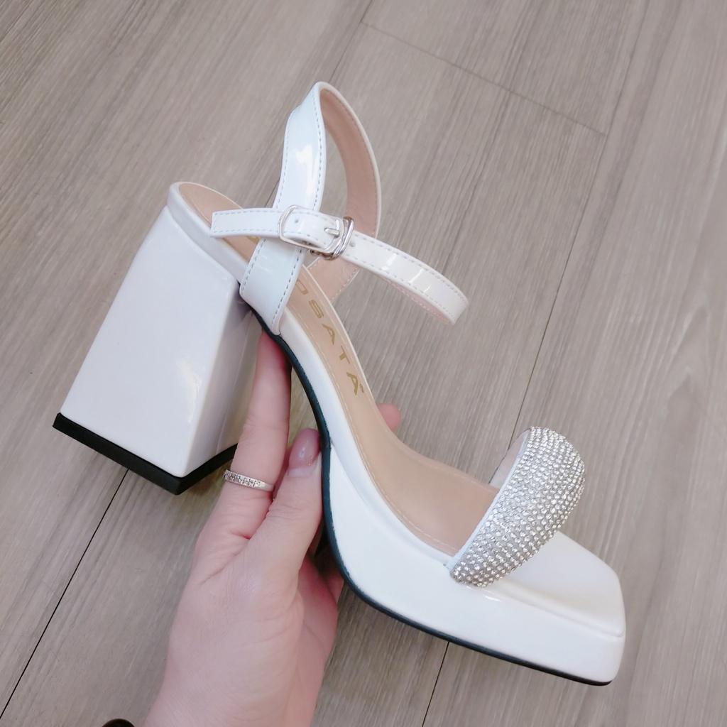 Sandal cao gót quai ngang đính hạt ROSATA RO469 cao 8p- Trắng, Đen - HÀNG VIỆT NAM - BKSTORE