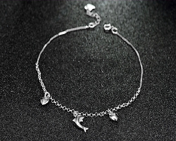 Lắc chân bạc cá heo dễ thương LCNU65 -Lắc chân trái tim đẹp 2TSILVER