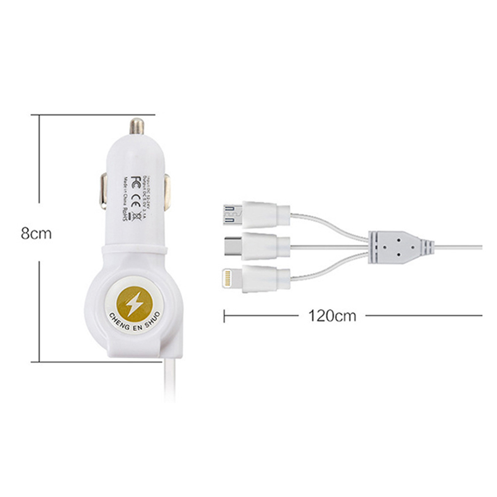 Tẩu Sạc Xe Hơi Đa Năng 3.1A 3 Đầu Cáp (Type-C/Lightning/Micro USB)