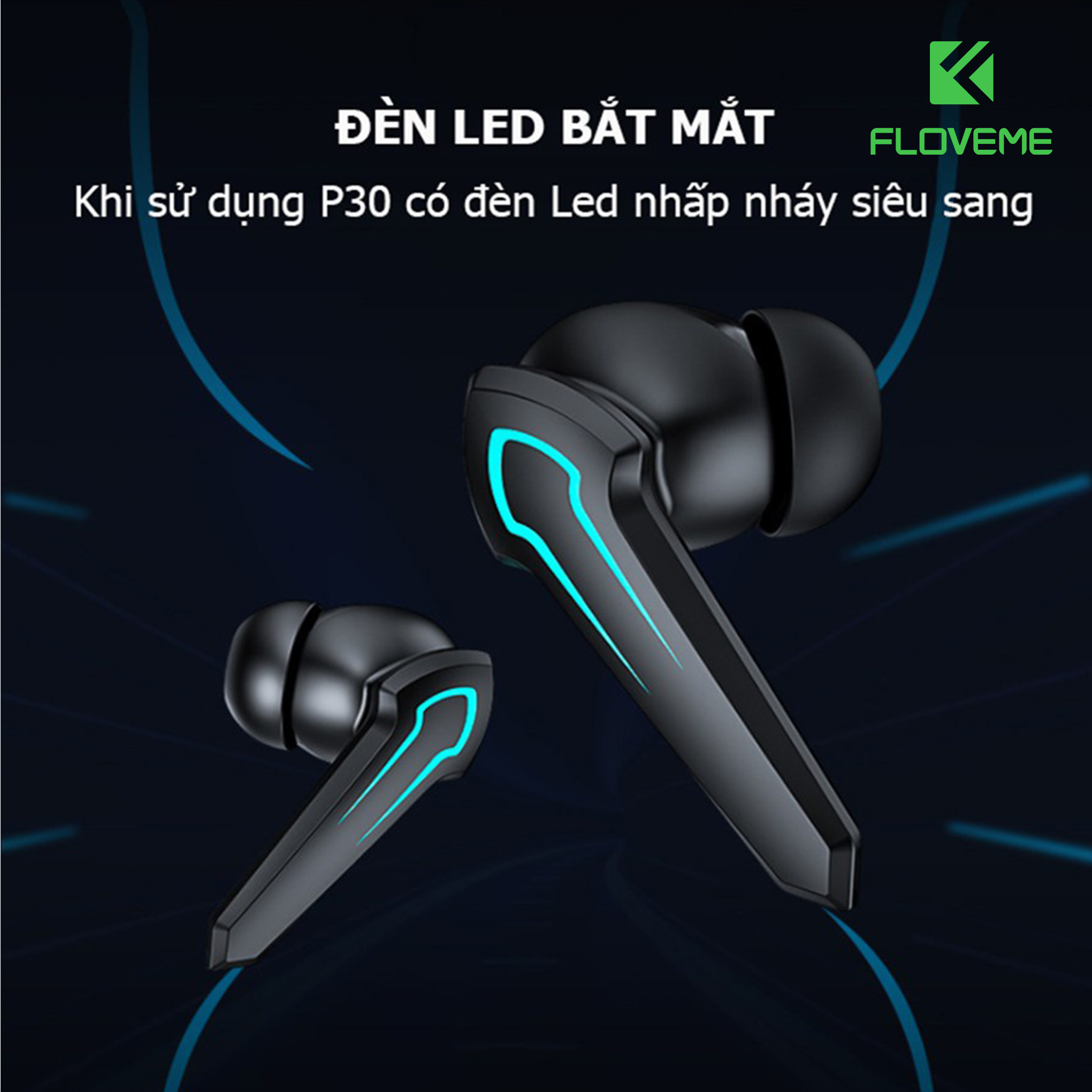 Tai Nghe Floveme Gaming Không Dây Bluetooth 5.2 - P30 -  Cảm biến âm thanh HIFI - hỗ trợ đàm thoại độ trễ cực thấp khi chơi game, Bass mạnh mẽ - Hàng chính hãng