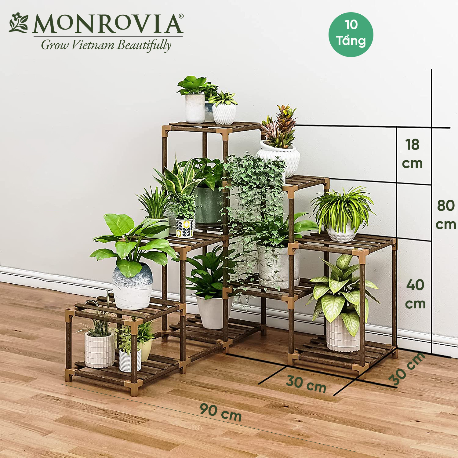 Kệ gỗ decor Monrovia để cây trang trí trong nhà, ban công siêu bền bỉ, tiêu chuẩn Châu Âu