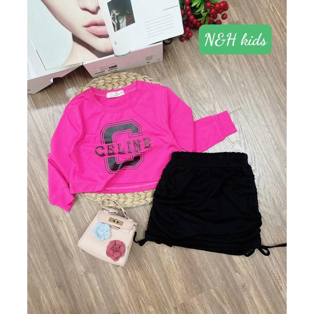 Set bộ áo croptop phối chân váy rút dây cho bé gái phong cách từ 18-40kg hàng thiết kế