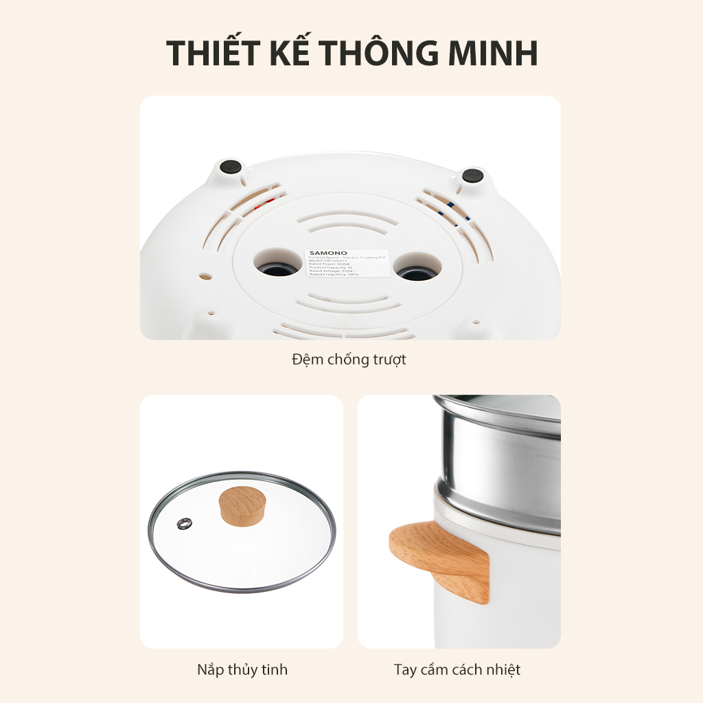 Nồi điện đa năng SAMONO SW-DG01S Dung tích tổng 4 lít Lớp chống dính ceramic kim cương Công suất 150 -600 W Xửng hấp inox HÀNG CHÍNH HÃNG
