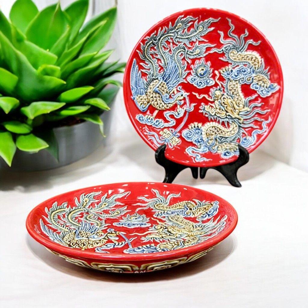 Mâm Bồng Đĩa Cúng Trái Cây Gốm Sứ RỒNG VIỆT Men Đỏ Bát Tràng Cao Cấp Trang Trí Bàn Thờ Đẹp