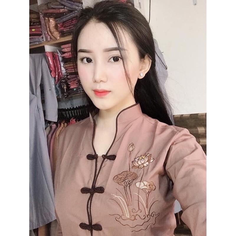 Quần áo phật tử Bộ bà lai cổ tàu thêu sen