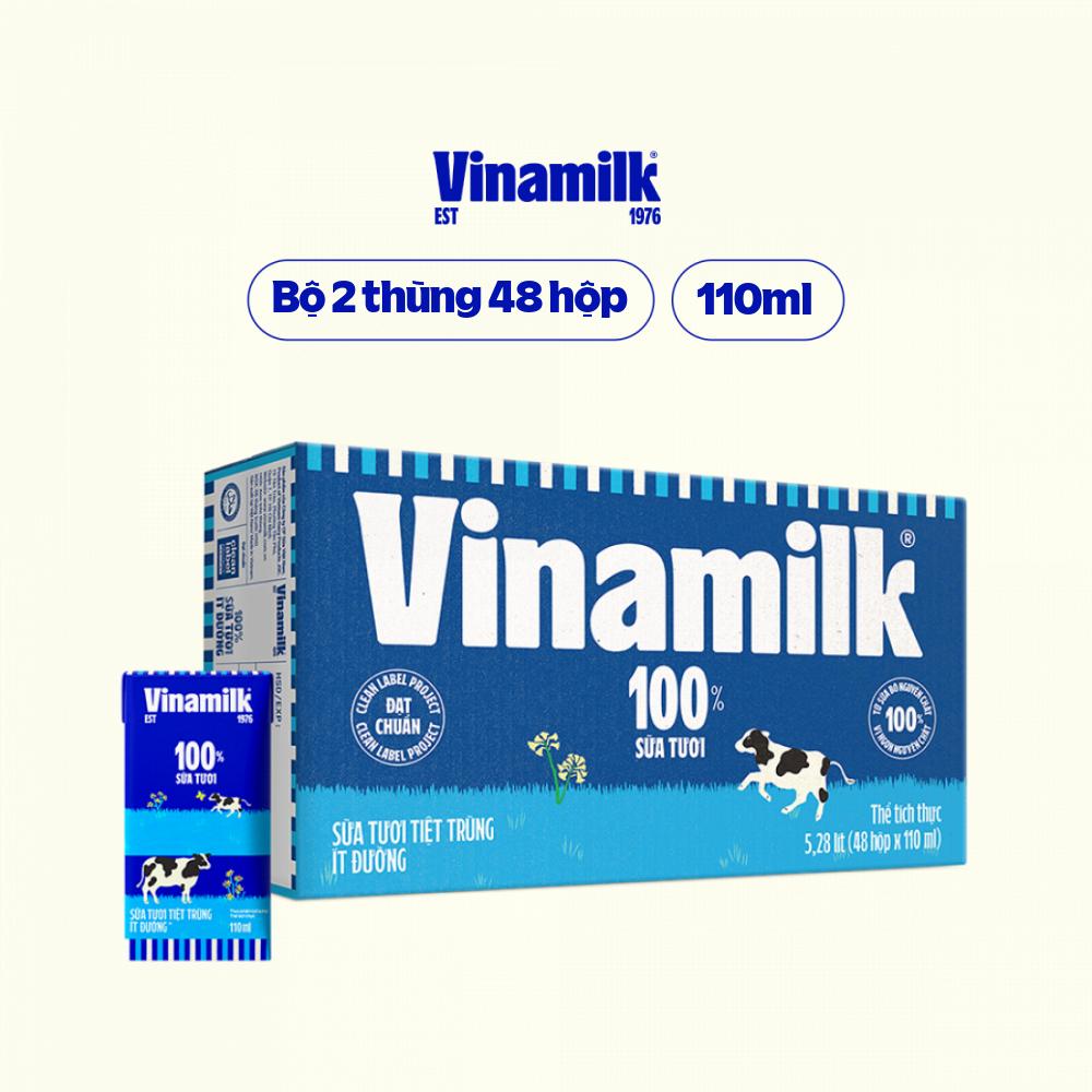 2 Thùng sữa tươi tiệt trùng Vinamilk 100% ít đường 110ml 48 hộp/thùng