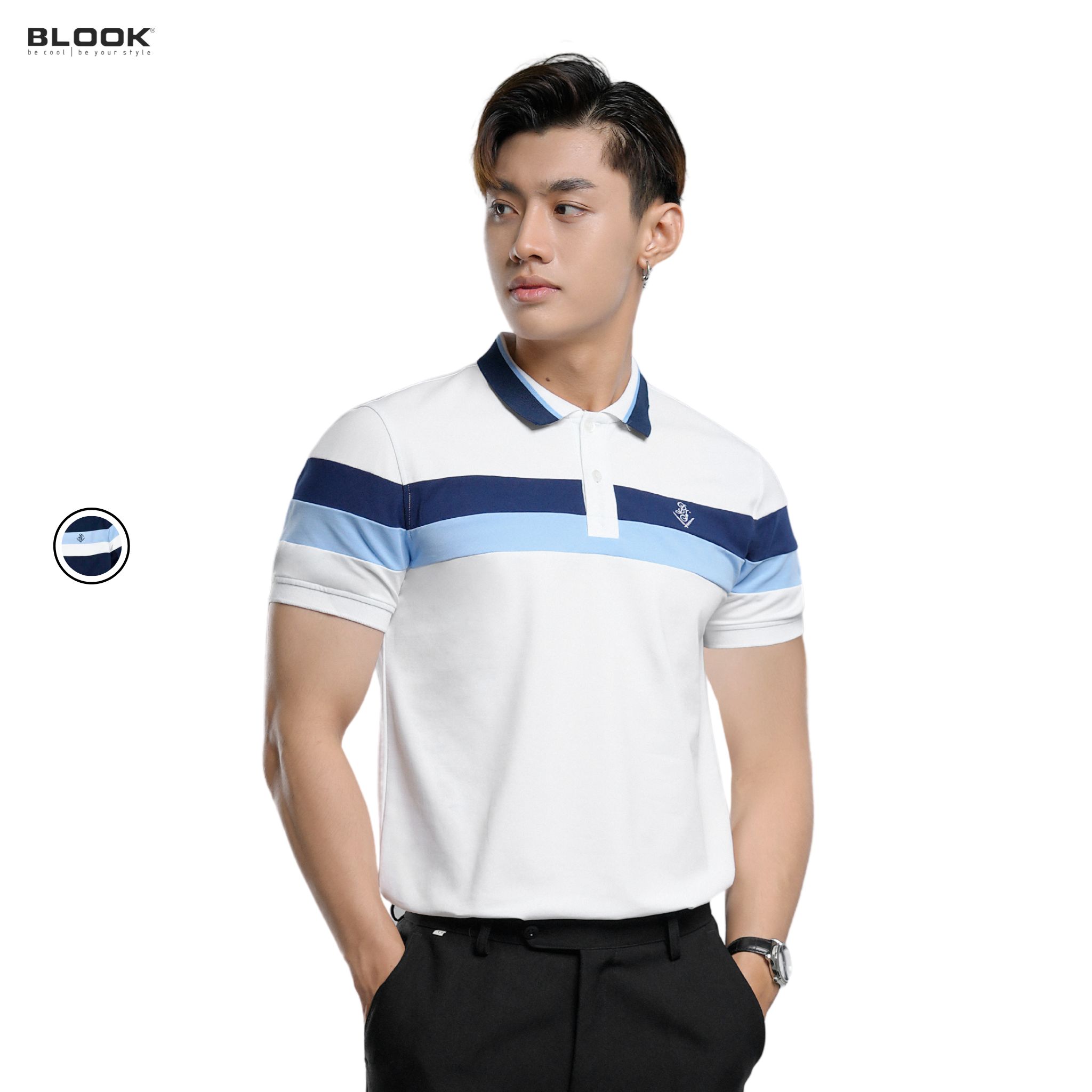 Áo polo nam cổ bẻ vải thun cá sấu cotton phối sọc phá cách thêu BS, xuất xịn, trẻ trung, thanh lịch mã 35521_BLOOK