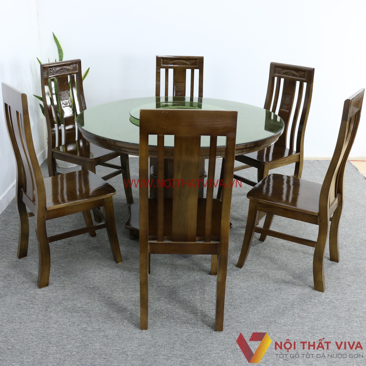 Bộ Bàn Ăn Tròn Mâm Xoay Gỗ Sồi Màu Óc Chó 6 Ghế Đẹp Giá Rẻ