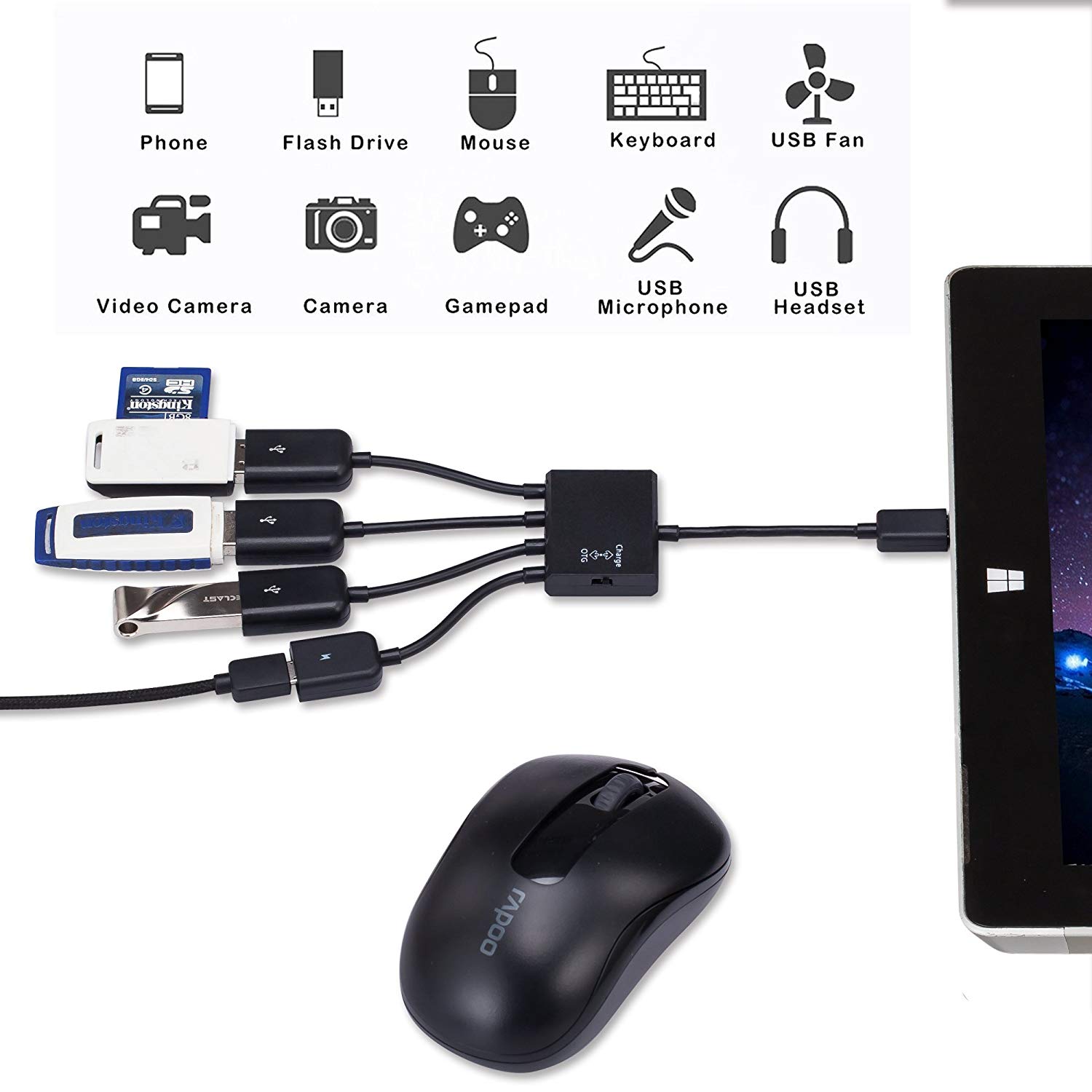 ROGTZ Cáp OTG 4 đầu cho Android - Kết Nối Điện Thoại Với Bàn Phím Và Chuột - Hàng Nhập Khẩu