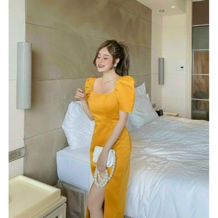 Đầm midi xẻ tà tay phồng xinh xắn ivy.fashion đi biển dự tiệc dạo phố bigsize gợi cảm sexy
