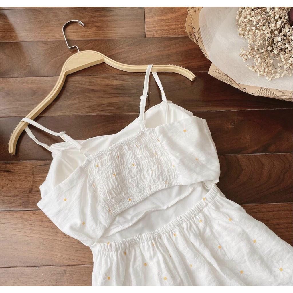 ĐẦM TRẮNG DỰ TIỆC 2 DÂY CỔ VUÔNG PHỐI NƠ NGỰC BO CHUN SAU DÁNG XÒE